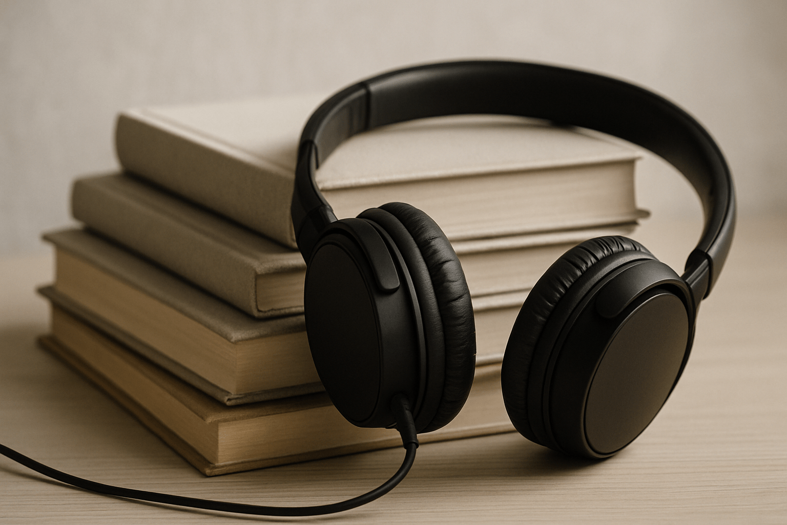 Detalle de libros apilados junto a unos auriculares: inspiración entre literatura y música